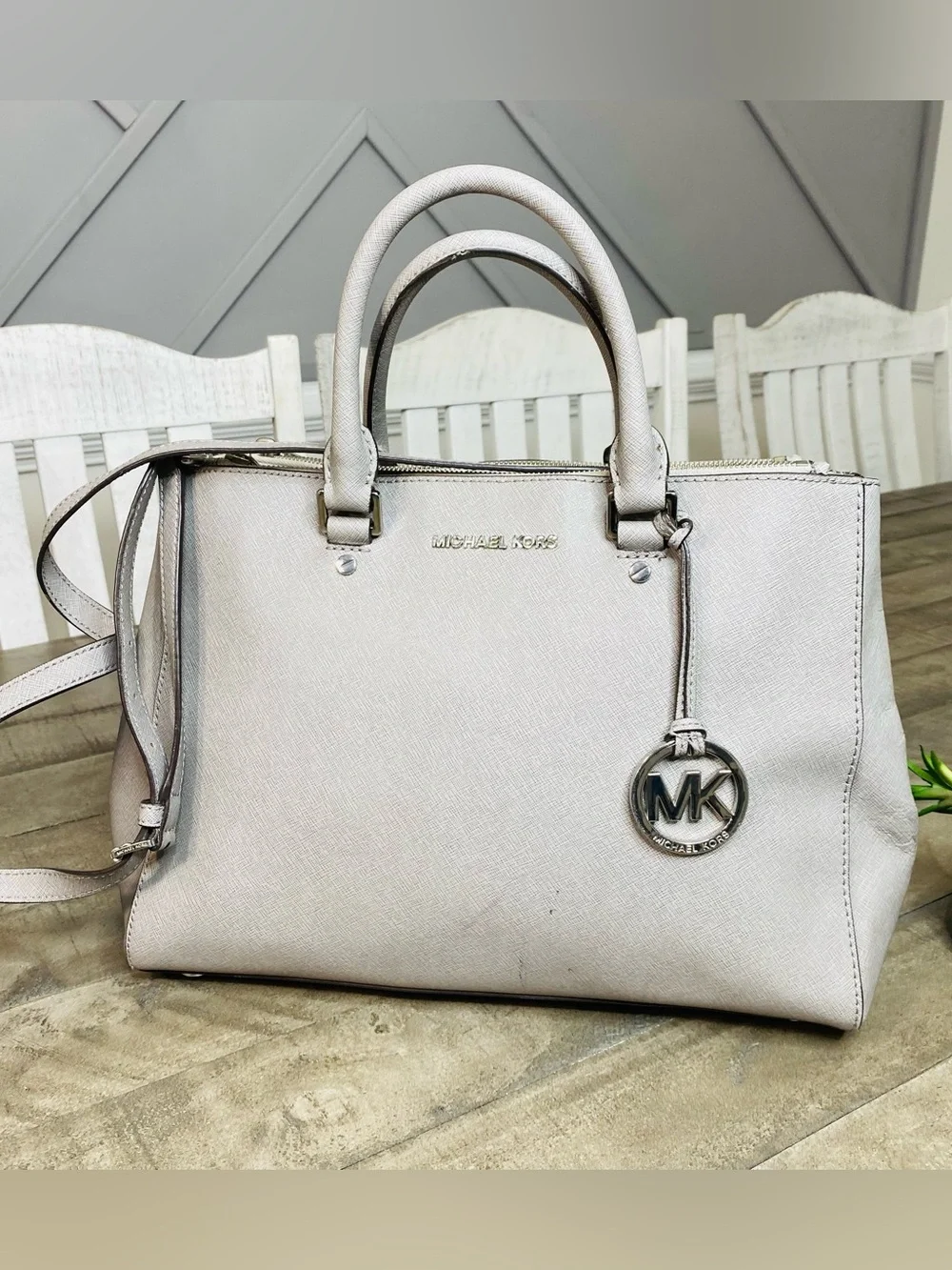 Michael Kors Sutton Medium Saffiano Leather Satchel Bag Gray Silver Hardware
